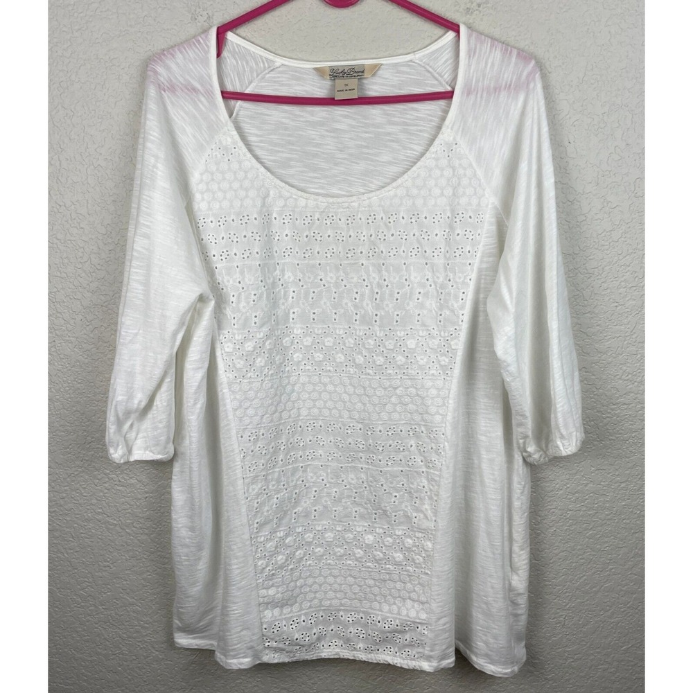 Lucky Brand Top Womens Plus 1X White Eyelet Embroidered Scoop Neck Artsy Boho